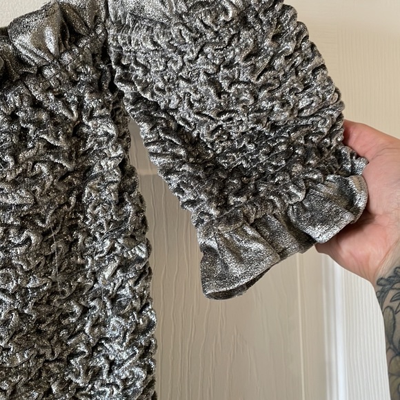 Petersyn X Revolve silver velour cocktail dress smocked off shoulder - Picture 6 of 10